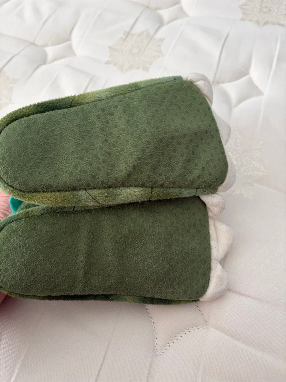 Green Plush Dinosaur Slipper Boots with Teal Lining